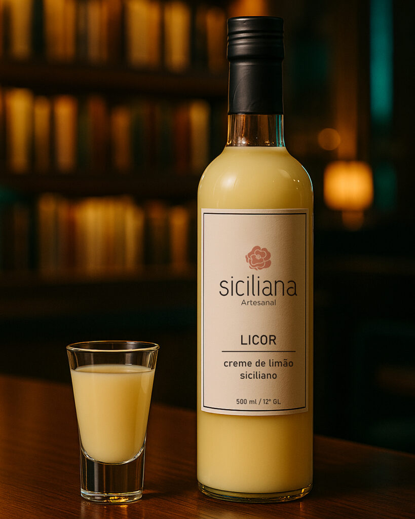 copo de doze com garrafa de licor sicialiana artesanal sob balcão em bar com baixa iluminação