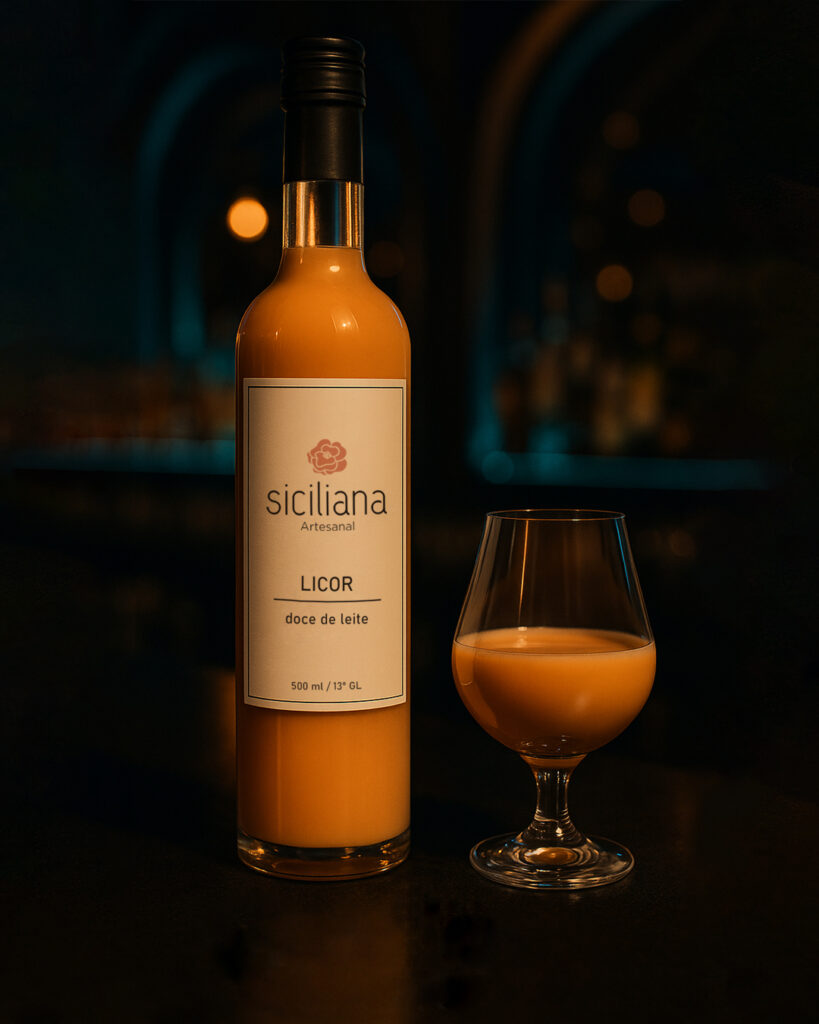 copo de doze com garrafa de licor sicialiana artesanal sob balcão em bar com baixa iluminação