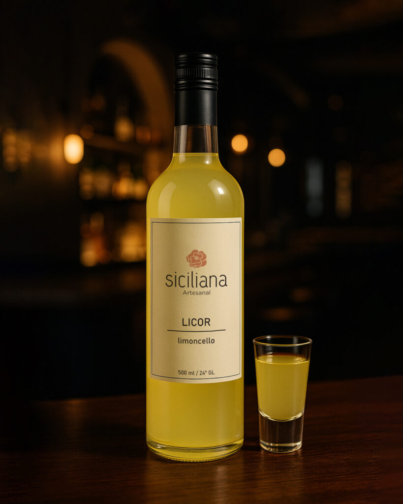 copo de doze com garrafa de licor sicialiana artesanal sob balcão em bar com baixa iluminação