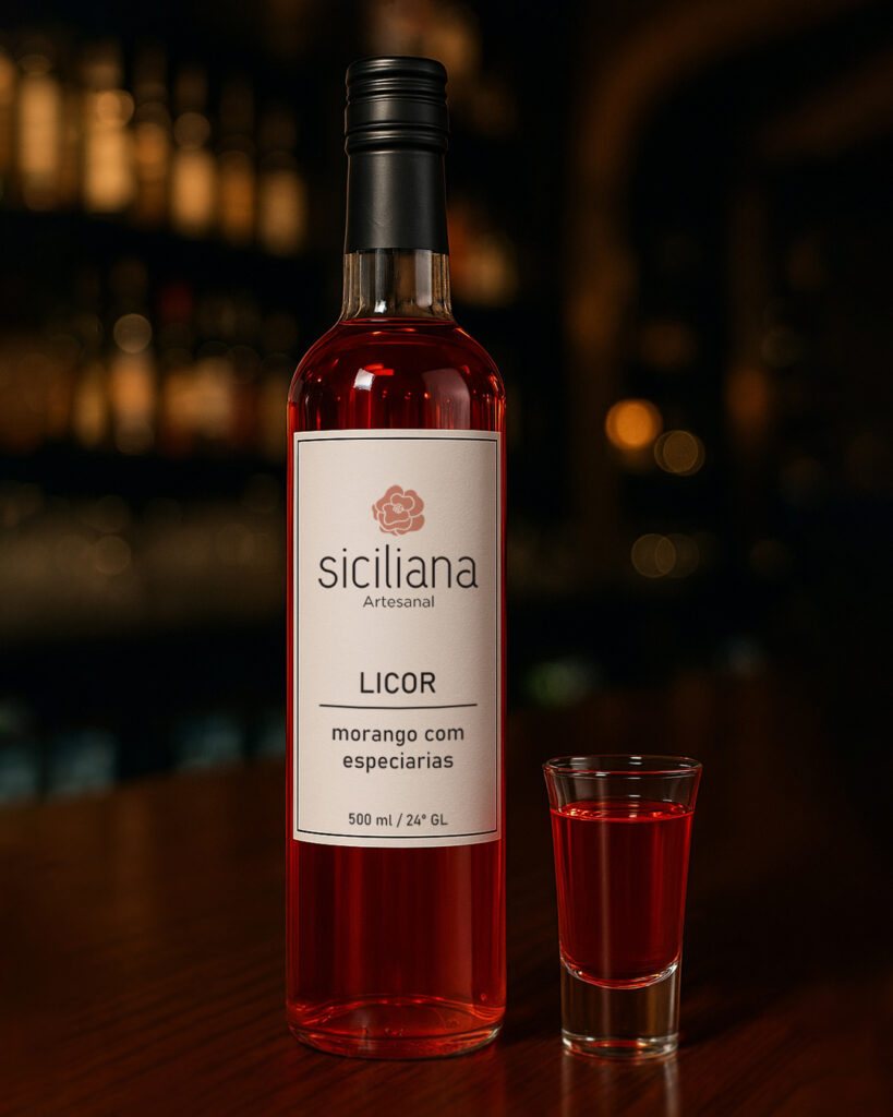 copo de doze com garrafa de licor sicialiana artesanal sob balcão em bar com baixa iluminação